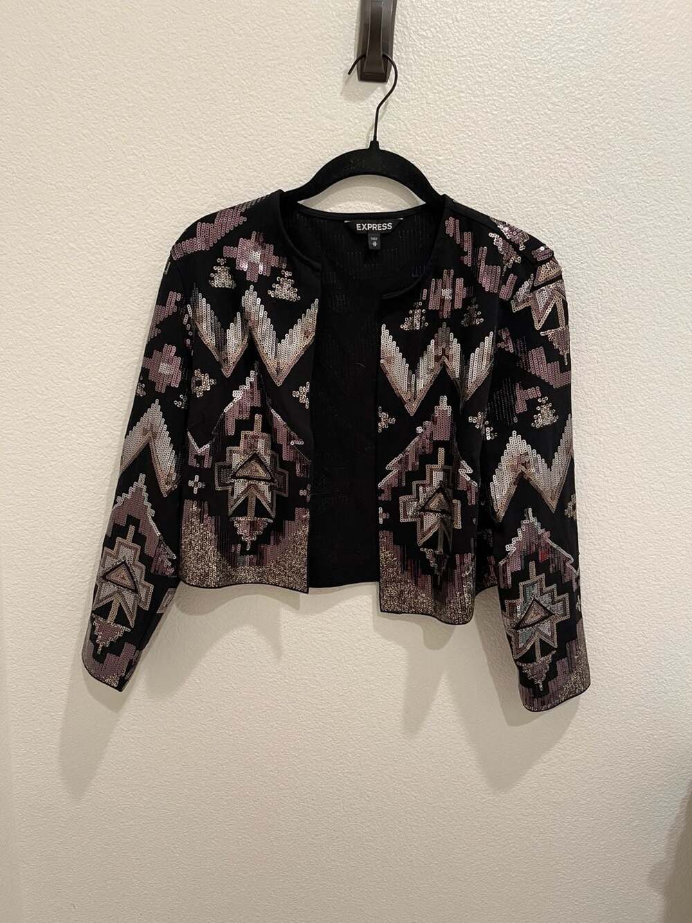 Express Black Geometric Pattern Sequin Open Front Crop Jacket